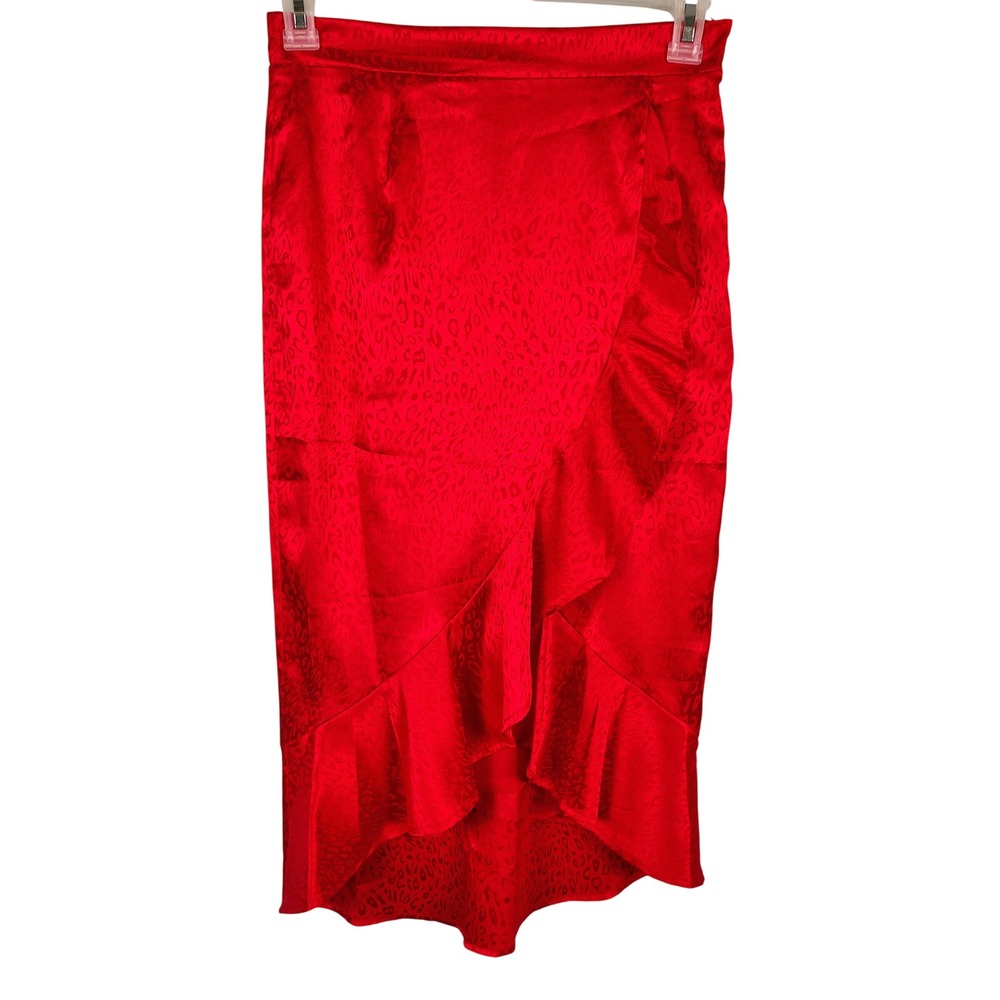 Johny Becci Womens M‎ Ruffle High Low Midi Skirt Red Leopard Jacquard Mob Wife